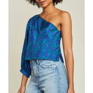 NWOT Veronica Beard Floral One Shoulder Silk Blouse Cobalt Blue Womens Size 10